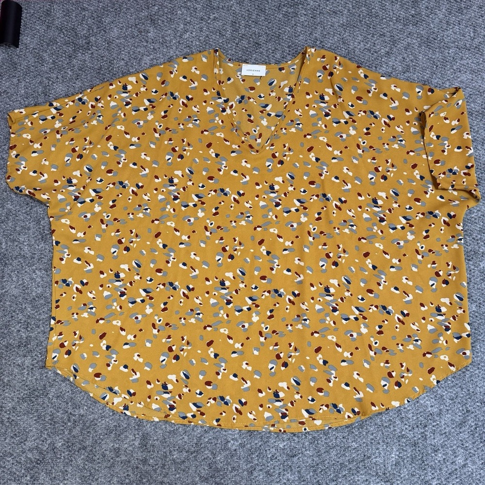 Adrienne Women's Yellow Multicolor Abstract Short Sleeve Blouse Size Small
